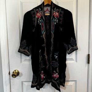Johnny Was Embroidered Velvet Kimono Jacket Floral Bird Size XS Small Boho